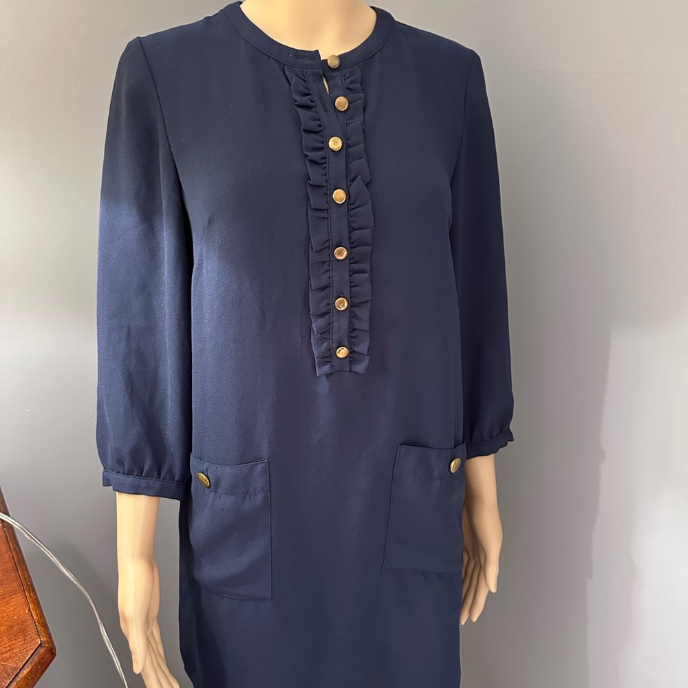Navy Dress with Ruffle Detail and Gold Buttons